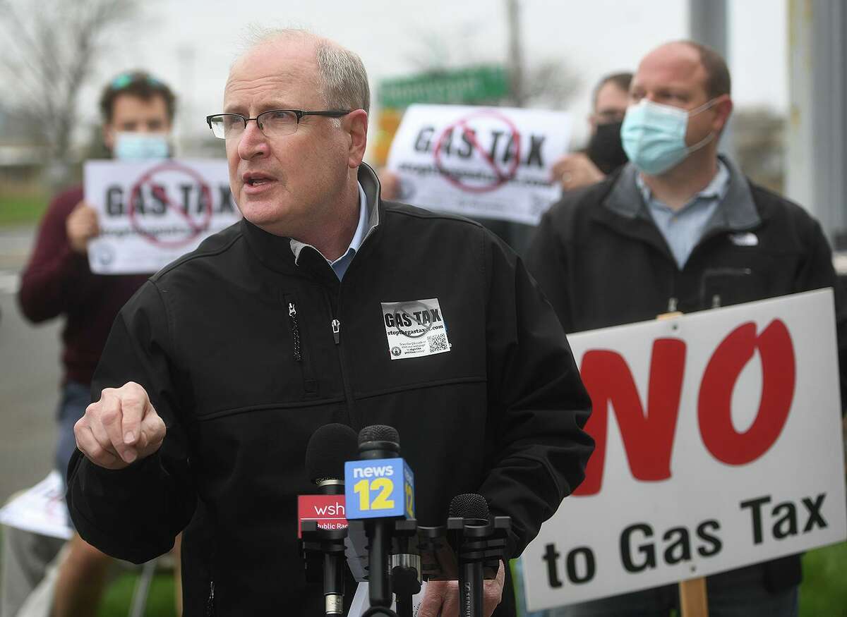 State Senate Republican Leader Kevin Kelly speaks at a Stop the Gas Tax/Food Tax rally in Stratford, Conn. on Thursday, April 29, 2021.