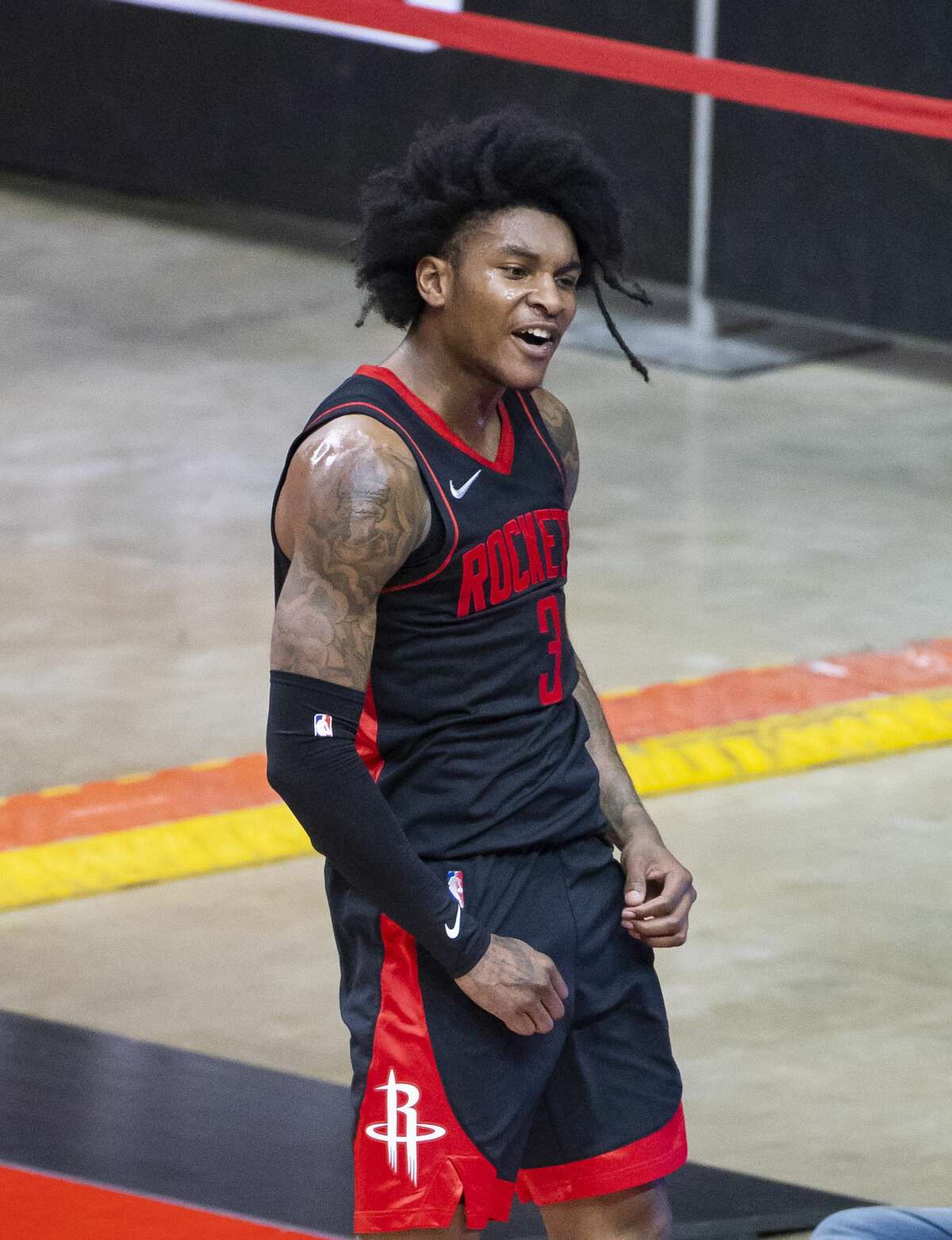 Houston Rockets guard Kevin Porter Jr. (3) reacts after making a shot and drawing a foul during the third quarter of an NBA game between the Houston Rockets and Milwaukee Bucks on Thursday, April 29, 2021, at Toyota Center in Houston.