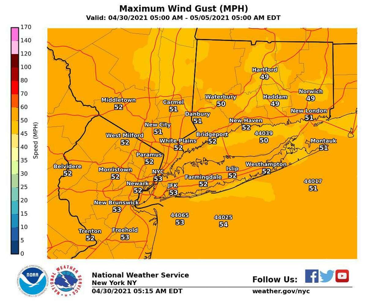 The entire tri-state area will be under a wind advisory — with gusts up to 60 mph possible — from 10 a.m. Friday, April 30, 2021, to 6 a.m. Saturday, May 1, 2021.