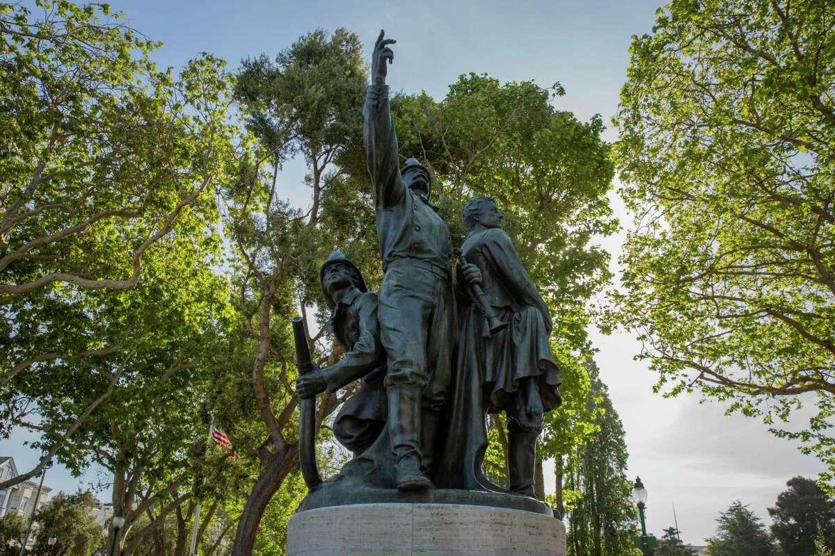 The statue in San Francisco’s Washington Square honoring volunteer firefighters, on April 29, 2021.