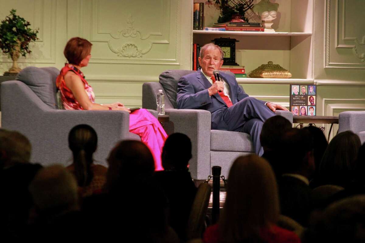 Dominque Sachse interviewing George W. Bush at the Celebration of Reading in Houston on April 29, 2021.