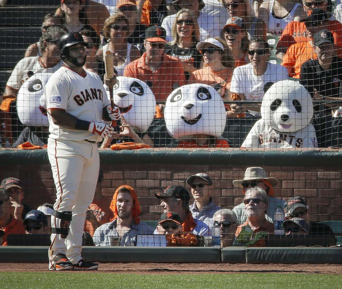 Giants Pablo Sandoval stands in the on deck circle during Game 3 of the NLDS at AT&T Park on Monday, Oct. 6, 2014 in San Francisco, Calif.