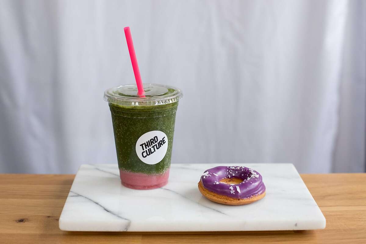 Third Culture's green tea lychee sparkler and an ube mochi donut at Third Culture Bakery in Berkeley, Calif. on Sunday, January 27, 2019.