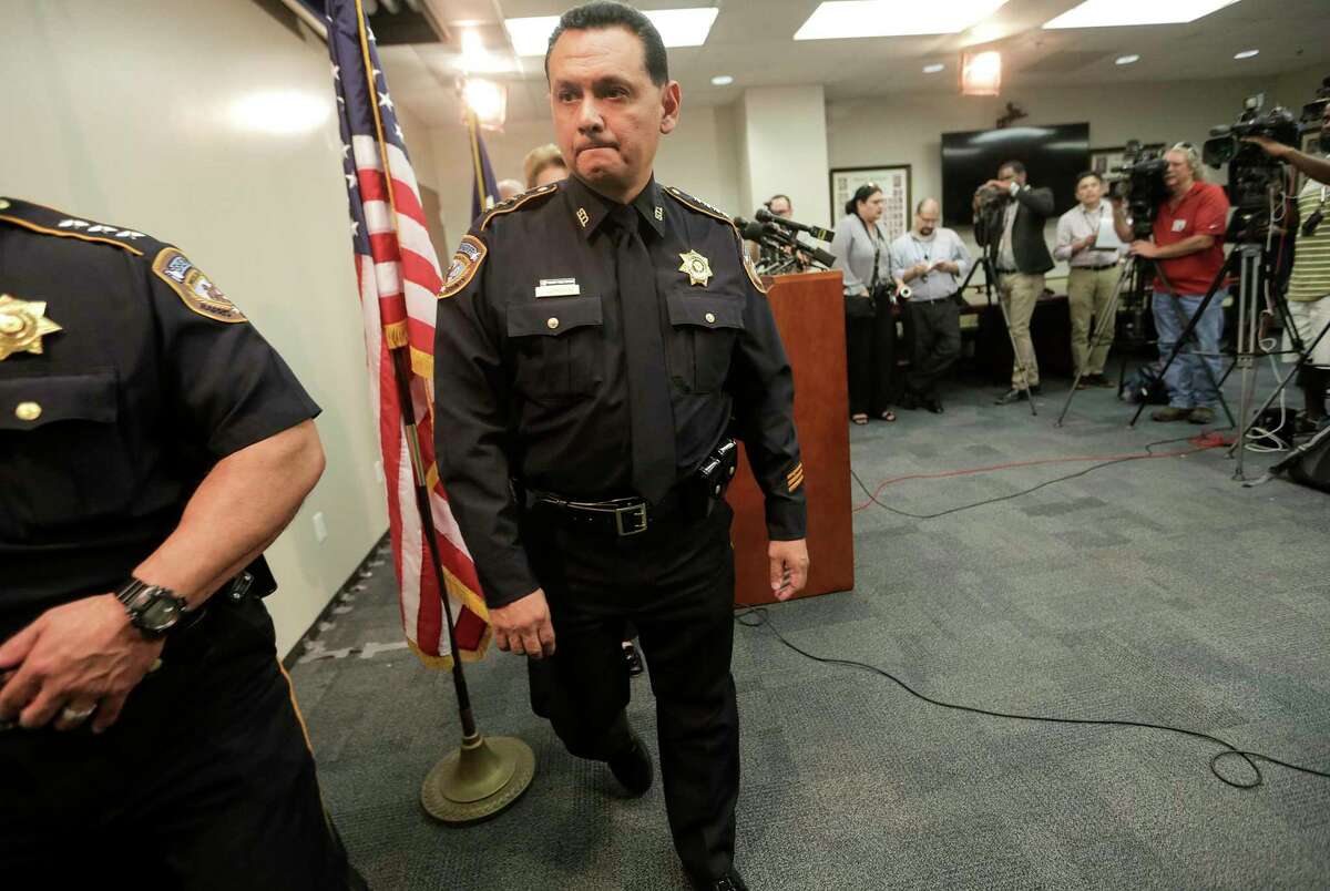 FILE - In this June 8, 2017, file photo, Harris County Sheriff Ed Gonzalez leaves a news conference, in Houston. President Joe Biden has nominated Gonzalez, a sheriff of one of the nation's most populous counties, to lead the agency that deports people in the country illegally. Gonzalez is Biden's pick for director of U.S. Immigration and Customs Enforcement, an agency that has been without a Senate-confirmed leader since 2017.