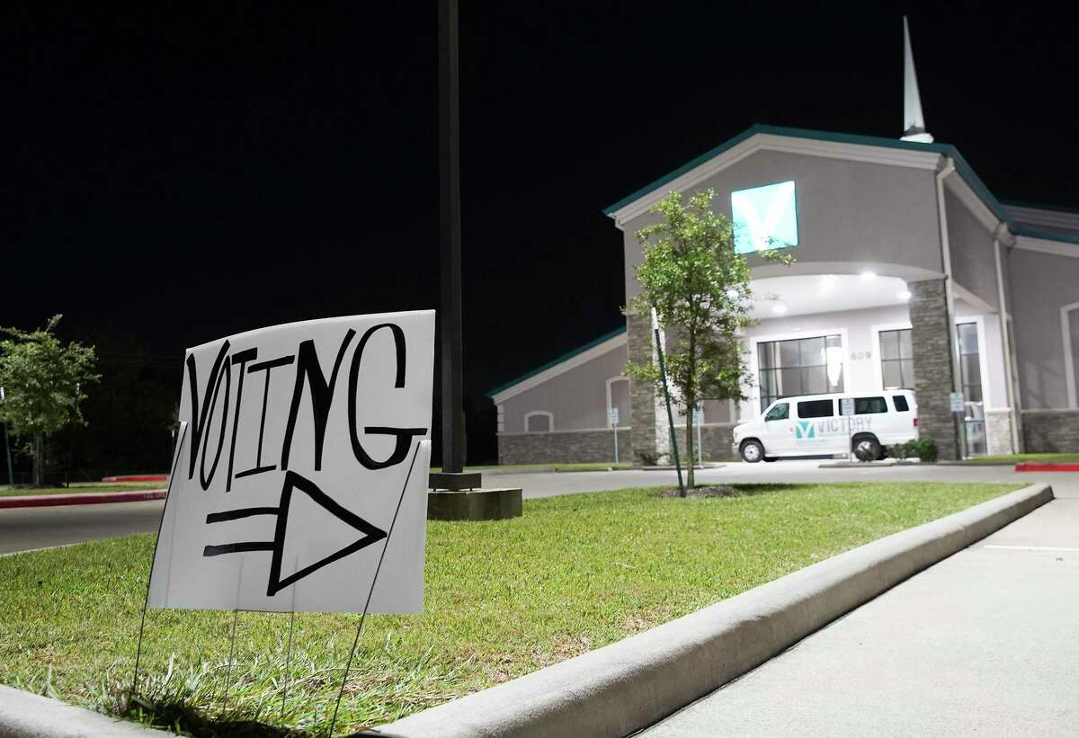 A sign in front of Victory Houston polling station in Houston on Friday, Oct. 30, 2020. The location was one of the Harris County's 24-hour locations.