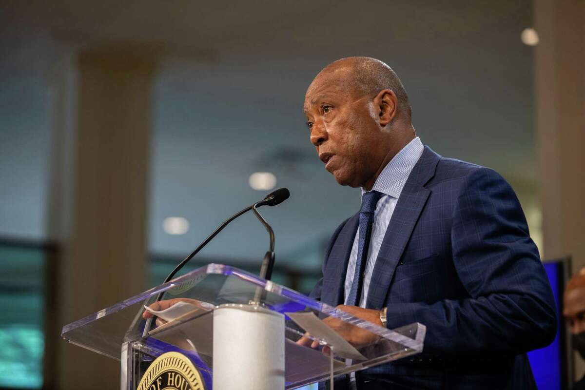 Houston Mayor Sylvester Turner announces the implementation of key recommendations submitted by the Mayor's Task Force on Policing Reform, Thursday, April 29, 2021, in Houston.