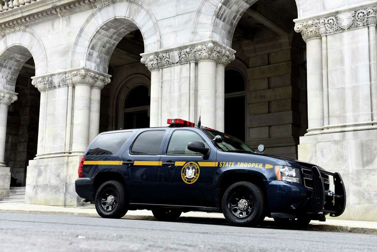 A New York State Police car is seen parked outside the Capitol on Monday, May, 4, 2020, in Albany, N.Y. (Will Waldron/Times Union)