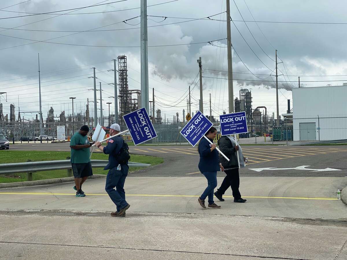 Workers were picketing outside ExxonMobil's Beaumont plant around 4:15 p.m. Saturday.