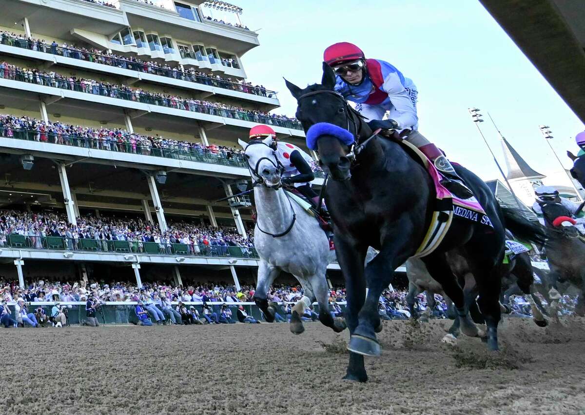 Medina Spirit with jockey John Velazquez aboard wins the 147th running of The Kentucky Derby at Churchill Downs Race Track Saturday May 1, 2021 in Louisville, Kentucky. Photo Special to the Times Union by Skip Dickstein