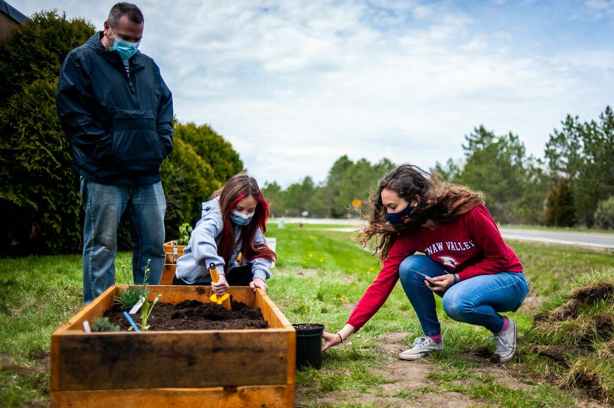 Sonny Jackson, left, watches his daughter, Zoey, center, and Saginaw Valley State junior Grace Kendziorski plant a butterfly plant at the Growing Grief Into Gardens event on Saturday, May 1, 2021. Zoey chose to plant it because it reminded her of her aunt, uncle and cousin who died two years ago.