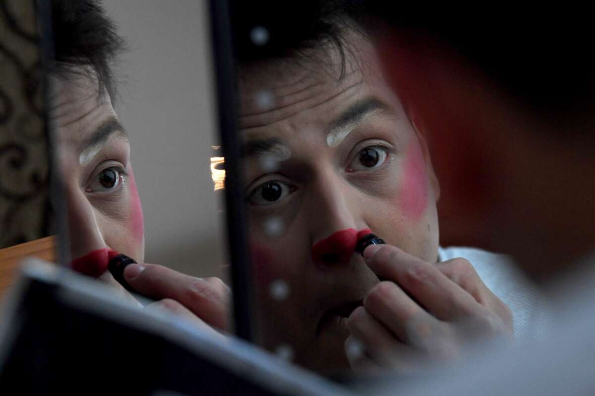 Rafael Salgueiro, Rafhina the clown, gets ready in his trailer for Cirque Italia's Silver Unit Water Circus performance Friday night at Ford Park. Photo made Friday, April 30, 2021 Kim Brent/The Enterprise