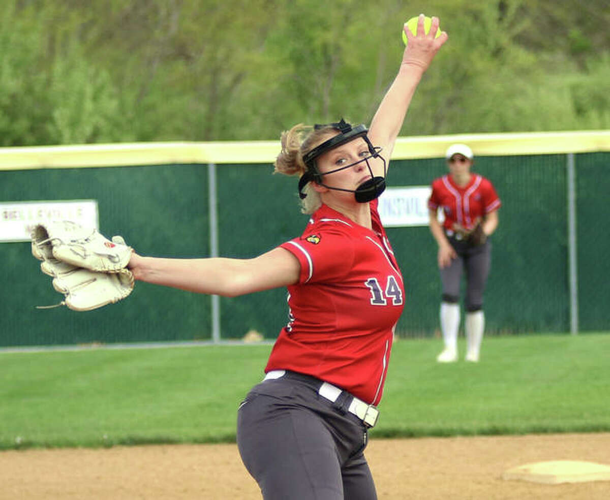 Alton’s Alyson Haegele, shown pitching in a start earlier this season at Alton High, turned in four strong innings Friday against Granite City in Alton’s home win in Godfrey.