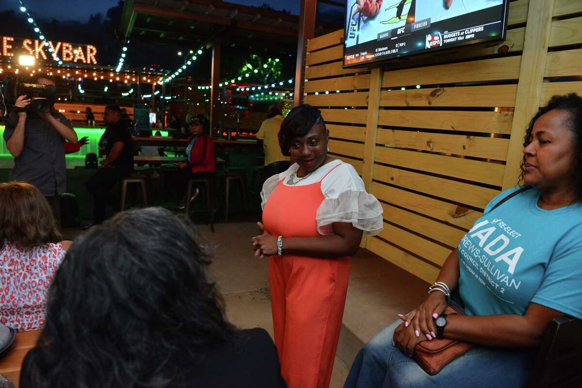 Jada Andrews-Sullivan greets supporters after the polls closed for the district 2 city council race.