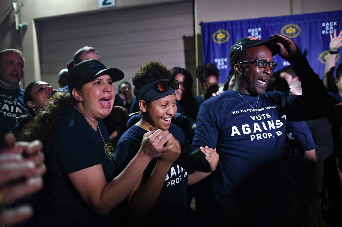 Opponents of Proposition B celebrate the defeat of the charter amendment, which would have stripped the San Antonio police union of its right to collectively bargain with the city. The celebration on May 1, 2021, was held at Blue Cares, the nonprofit community outreach arm of the San Antonio Police Officers Association.