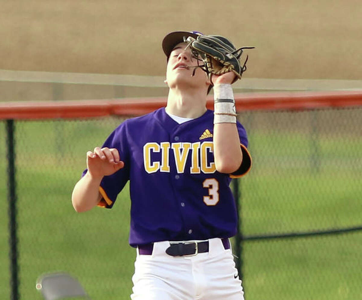 CM’s Luke Parmentier catches a popup at third base in a MVC baseball game last Monday at Wood River. On Saturday, Parmentier led the Eagles to a doubleheader sweep of Southwestern at the Bethalto Sports Complex.