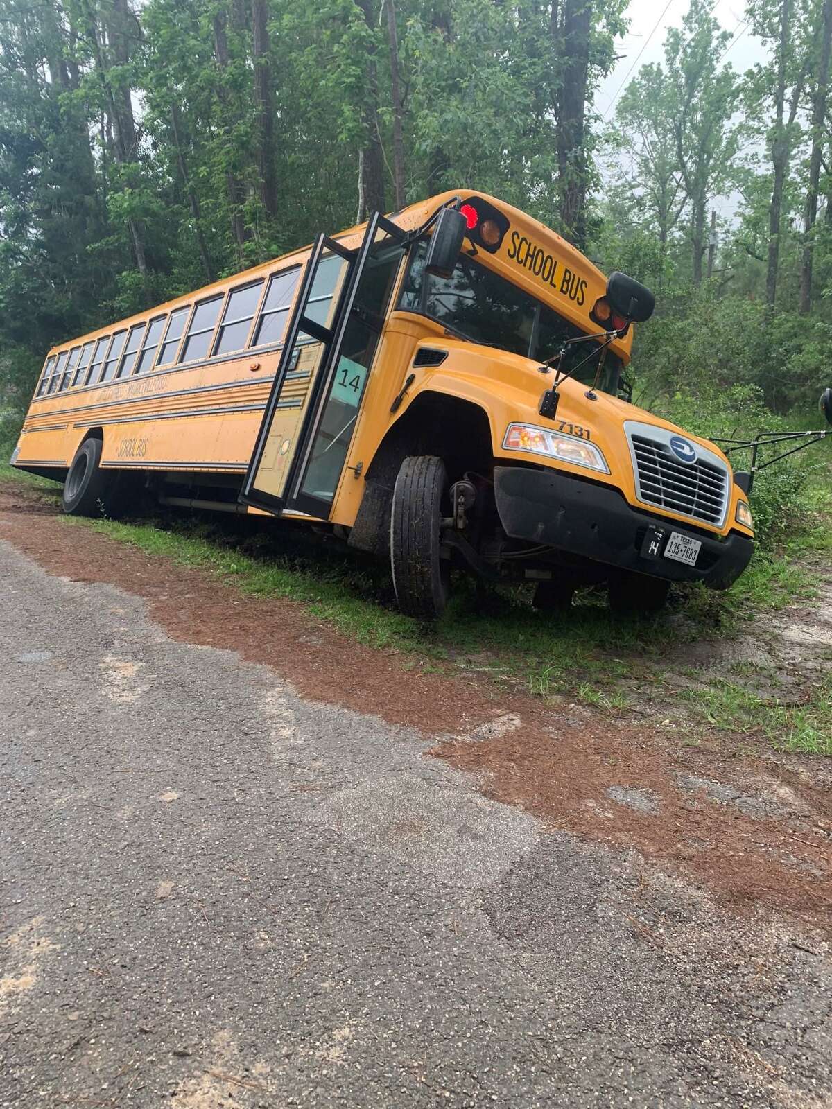 LCM bus 14, carrying 15 junior high and high school students slid into a ditch off Glenda Road Monday morning. There were no injuries reported.