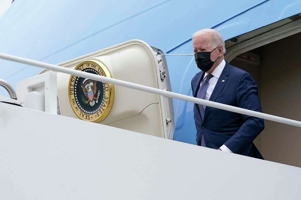 President Joe Biden and first lady Jill Biden arrive at the Newport News/Williamsburg International Airport and will be greeted by Gov. Ralph Northam. D-Va., and his wife Pamela Northam, Monday, May 3, 2021, in Newport News, Va. (AP Photo/Evan Vucci)
