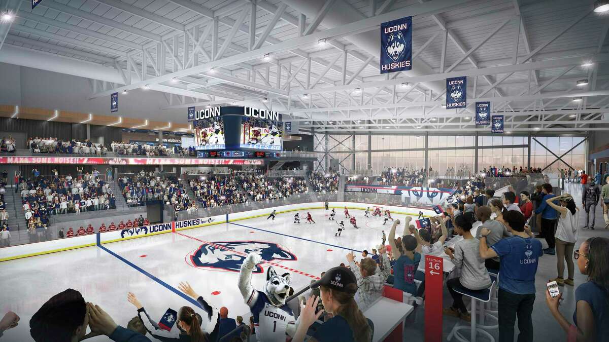 This artist’s rendering provided by UConn shows the proposed UConn Hockey Arena approved by the school’s board of trustees. The $70 million plan is for a 2,500-seat hockey rink on campus in Storrs, a facility that will be smaller and more expensive than originally anticipated.