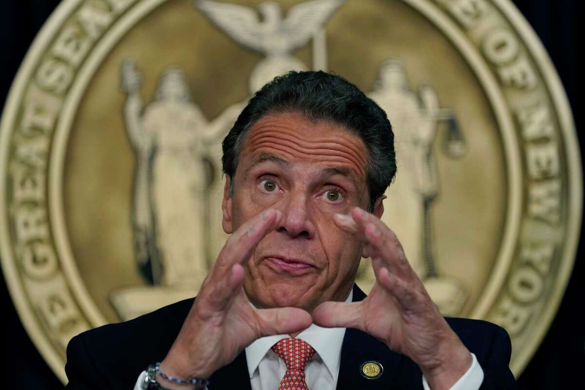 Gov. Andrew Cuomo holds a news conference in New York on Monday, May, 3, 2021, to announce that capacity restrictions for most types of businesses will end statewide beginning May 19.