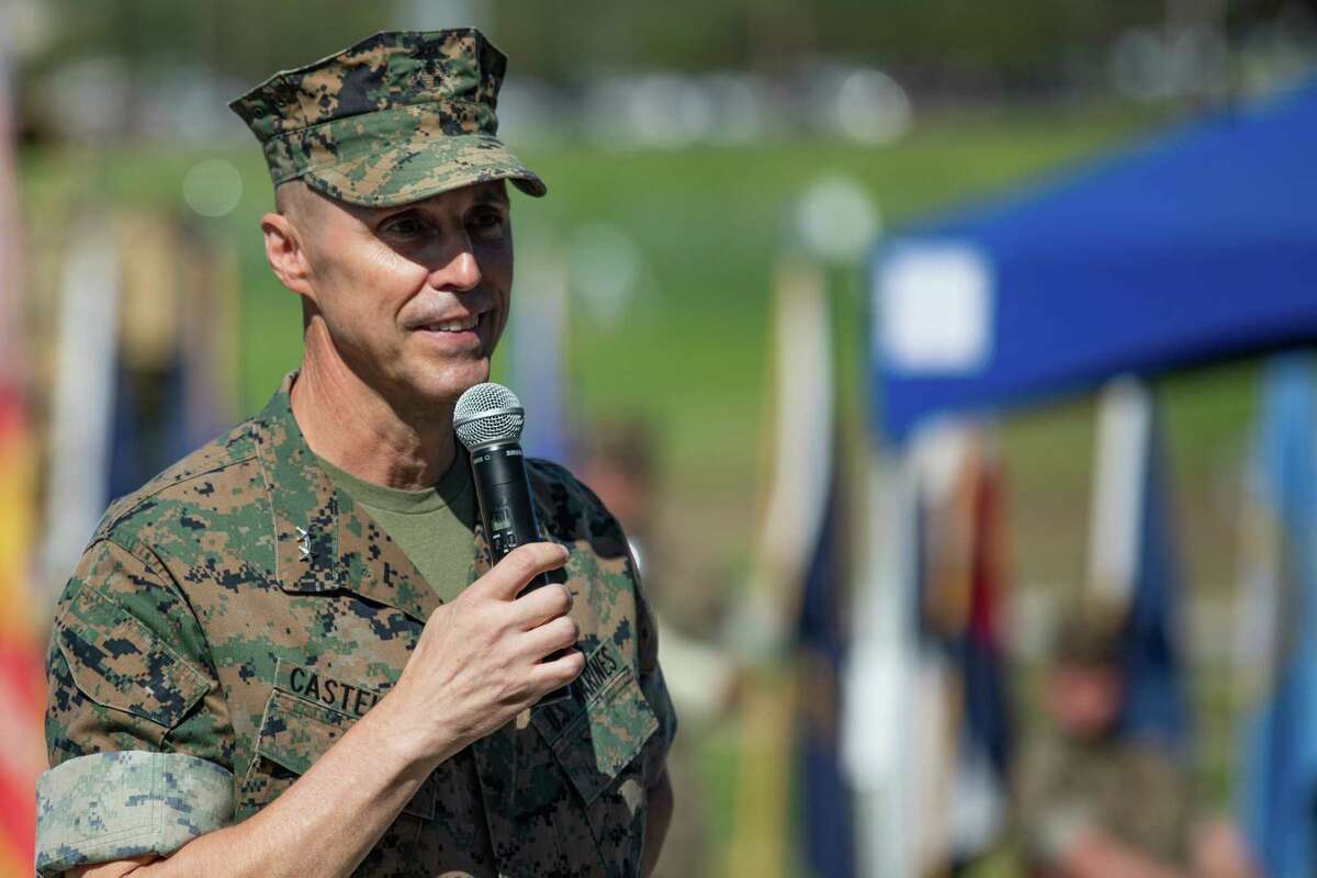 U.S. Marine Corps Maj. Gen. Robert Castellvi speaks during a change-of-command ceremony at Marine Corps Base Camp Pendleton in California on Sept. 22, 2020.
