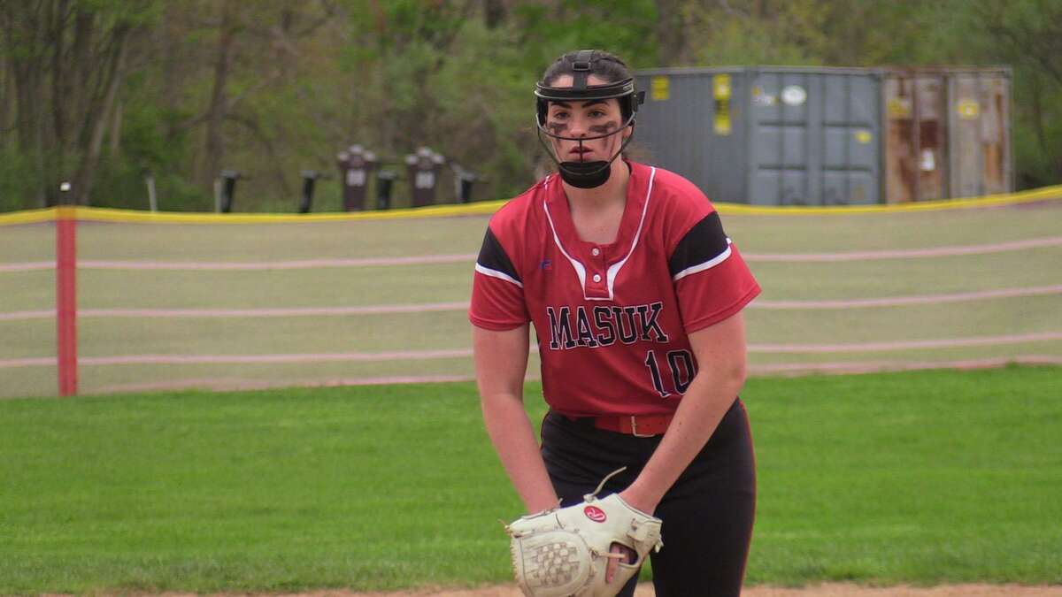 Masuk's Kathryn Gallant pitches against Notre Dame of Fairfield during a softball game on Monday, May 3, 2021 in Fairfield, Conn.