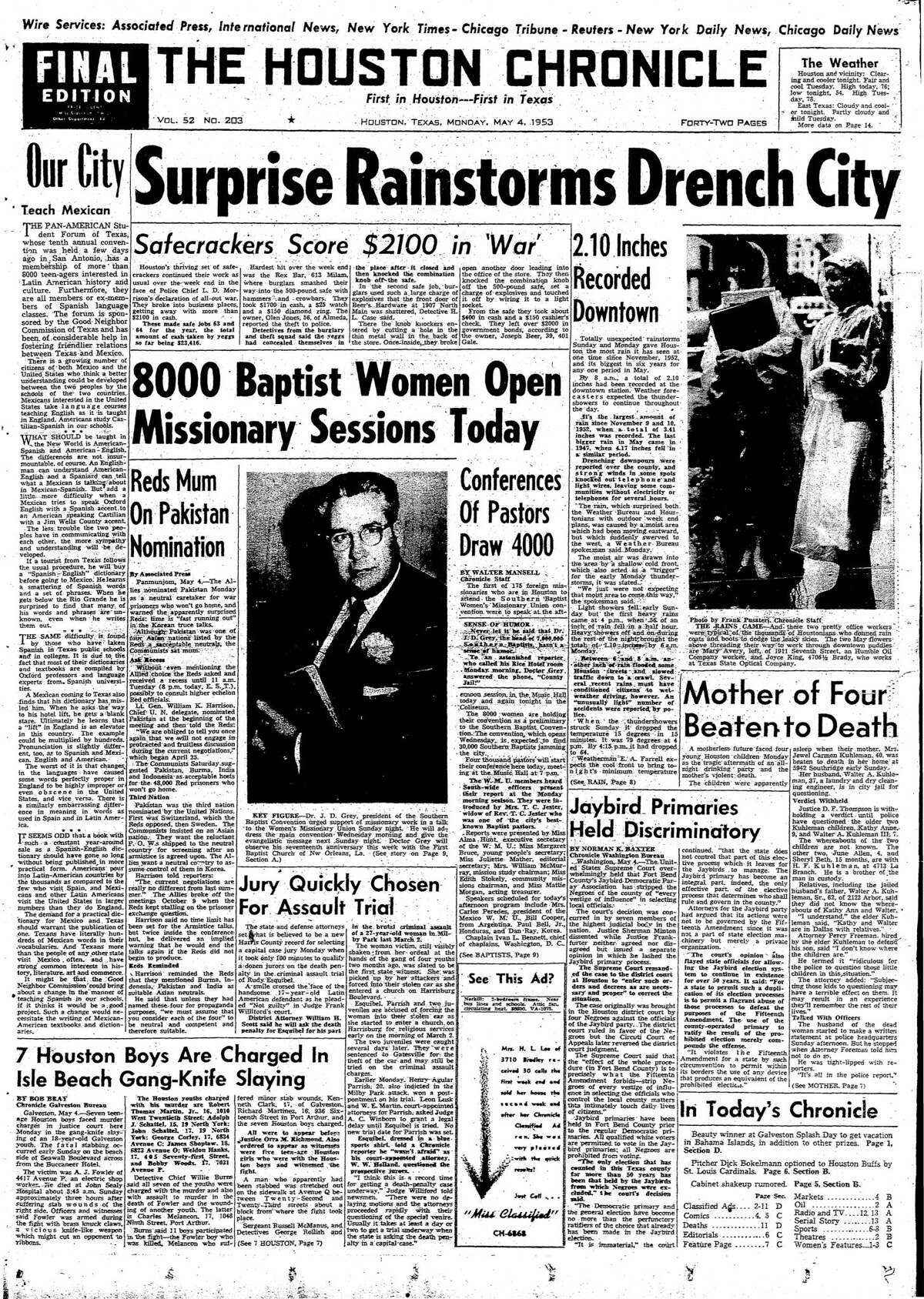 Houston Chronicle front page from May 4, 1953.