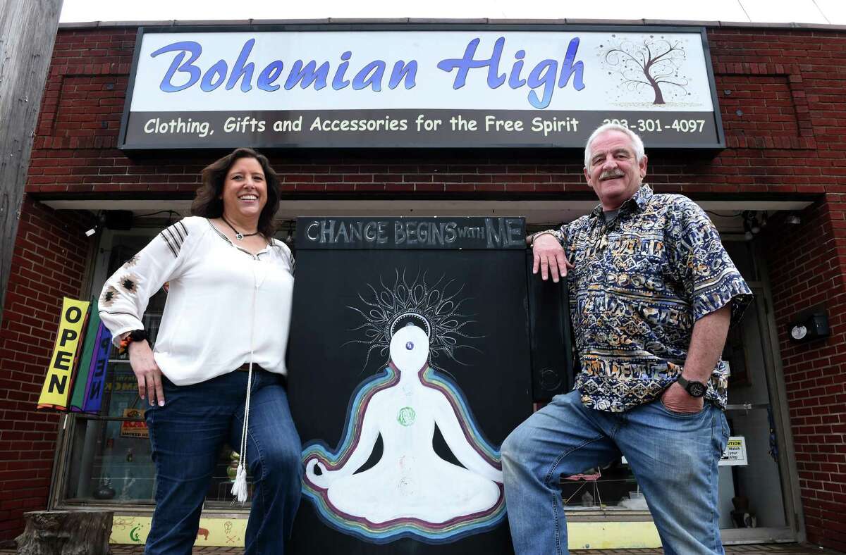Gloria and Richard Krouch, owners of Bohemian High, outside of their store on Bridgeport Avenue in Milford on May 4, 2021.