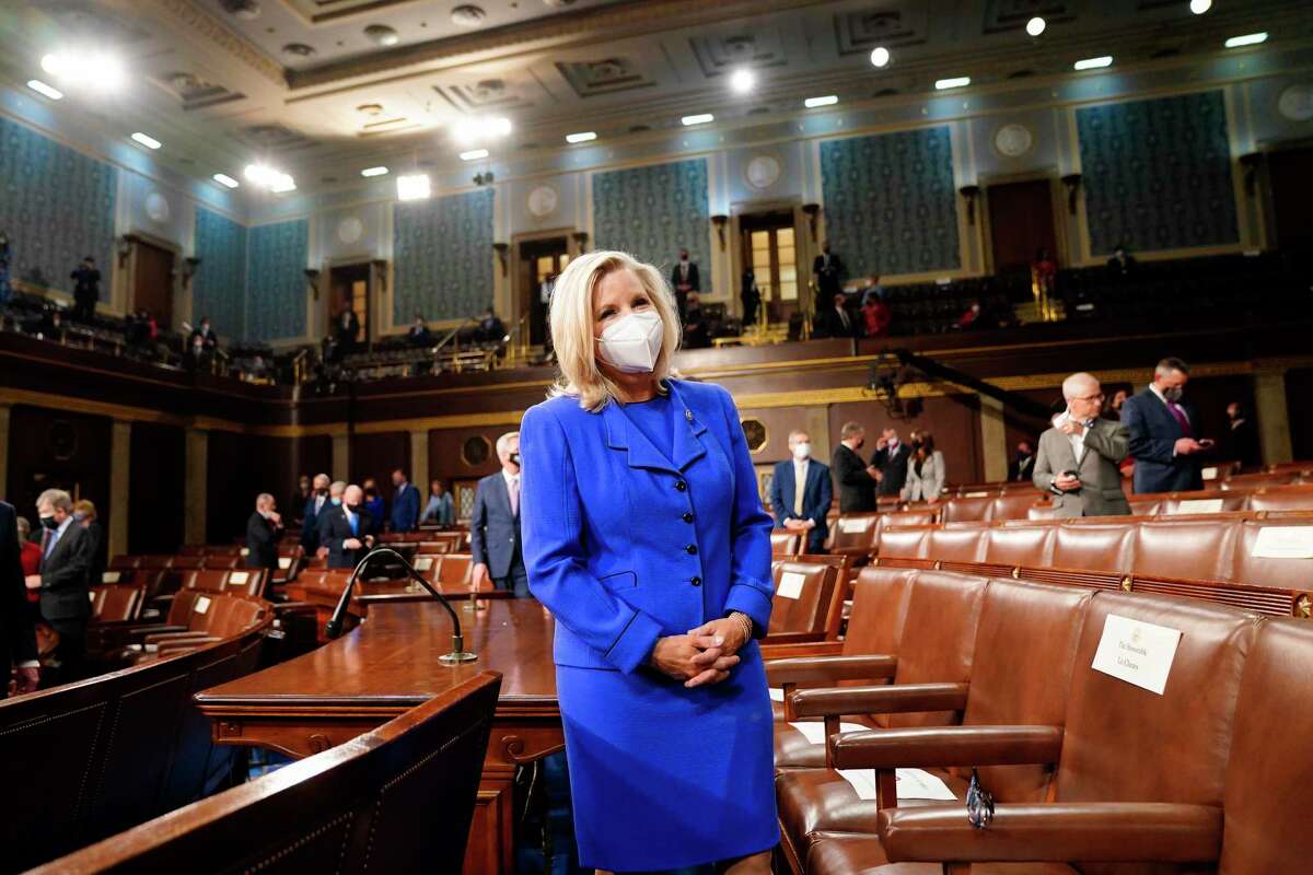Rep. Liz Cheney, R-Wyo., awaits the arrival of President Biden for his addresses to a joint session of Congress on April 28.