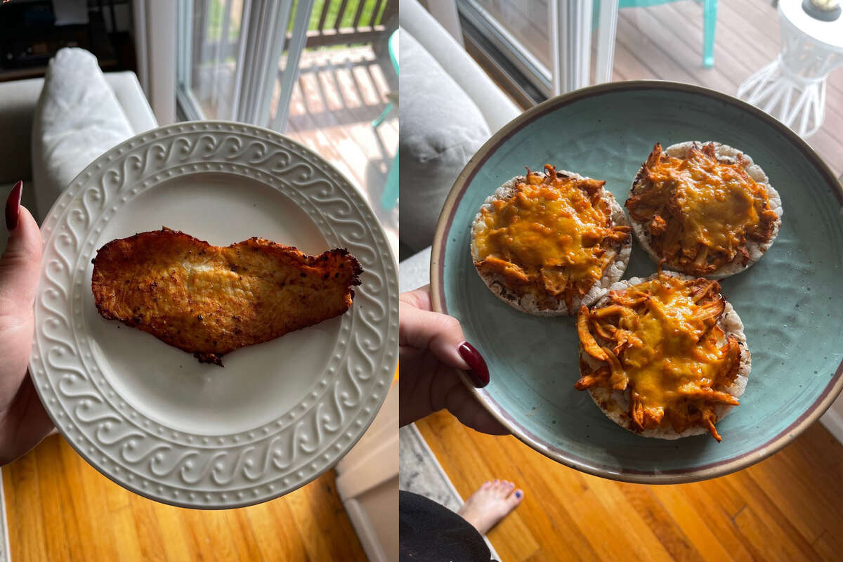 I cooked chicken seasoned with pepper, salt, garlic powder, and buffalo sauce in the air fryer. Then, I topped that buffalo chicken on a rice cake with cream cheese, more buffalo sauce, and cheddar cheese.