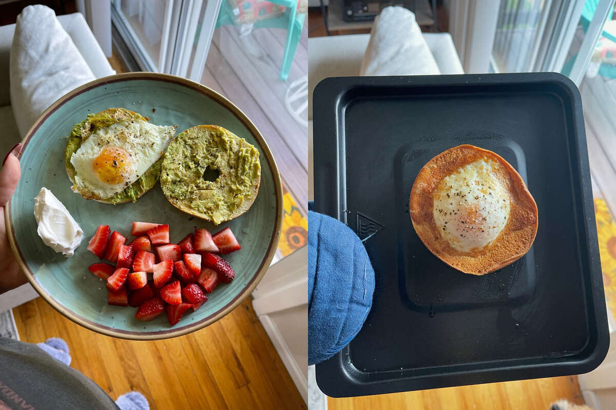 I cooked an egg directly on the tray in the air fryer (left photo) and I cooked an egg on top of a bagel thing (right photo).