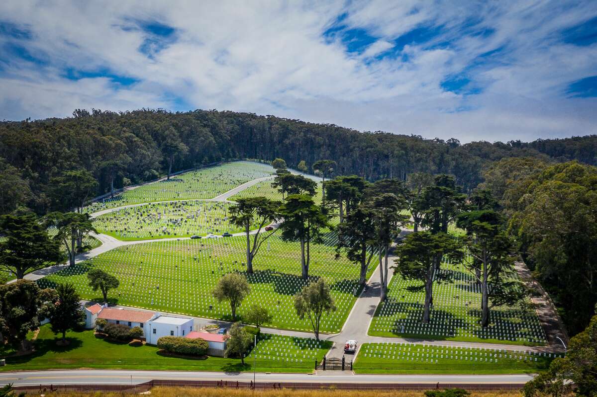 An aerial view of the Presidio National Cemetary in San Francisco.