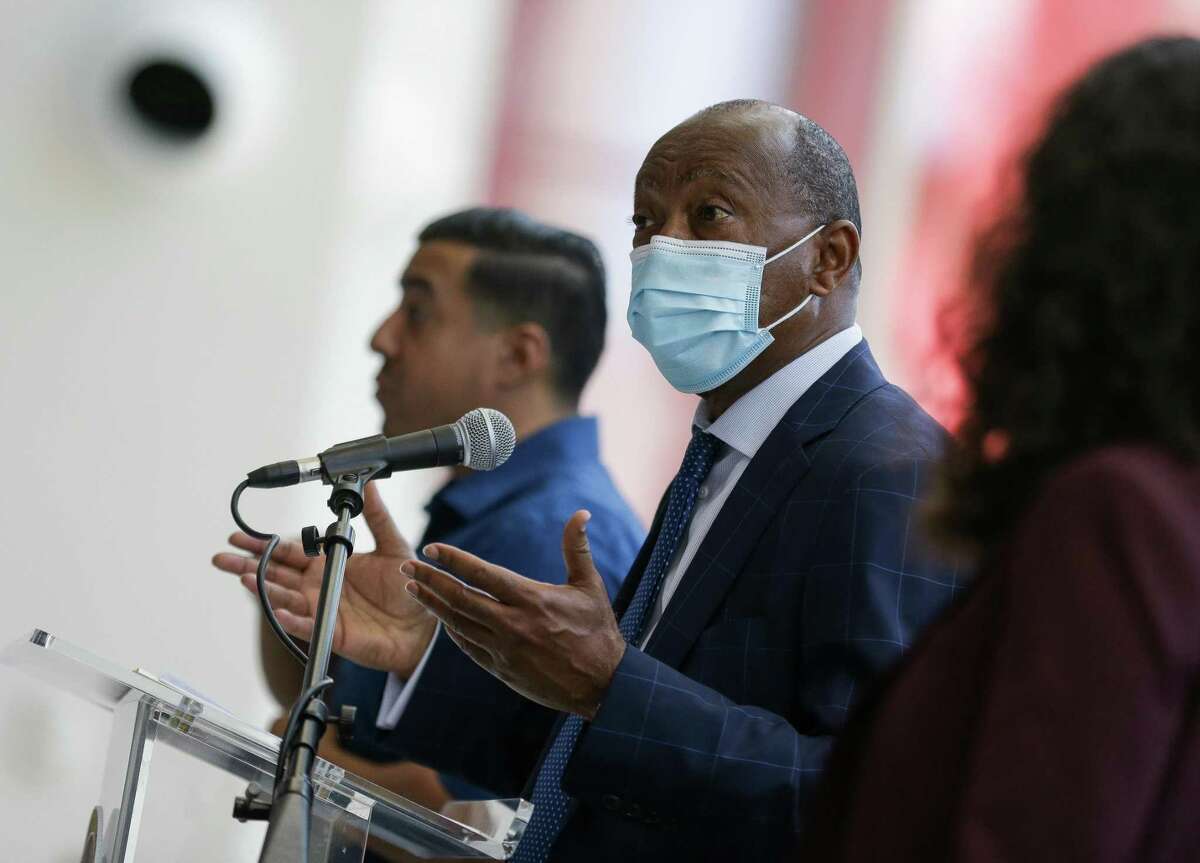 Mayor Sylvester Turner speaks about the voting bills being considered by the Texas Legislature, during a press conference at the George R. Brown Convention Center on Wednesday, May 5, 2021, in Houston. The Greater Houston Partnership business coalition organizes Turner and County Judge Lina Hidalgo's annual State of the City/County speeches, the two leaders announced they nixed those agreements due to the GHP refusing to take a stance on the voting bills.