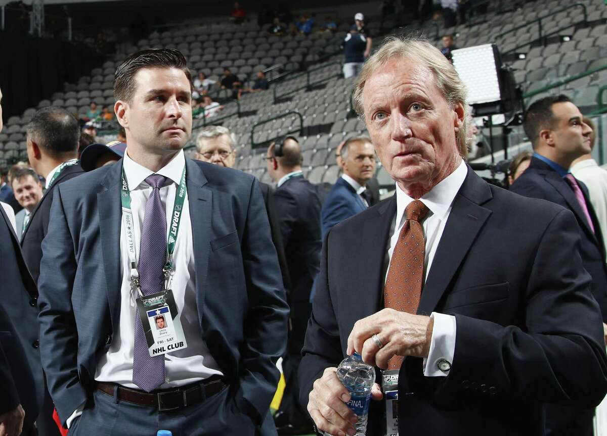 Chris Drury and Mike Barnett of the New York Rangers attend the first round of the 2018 NHL Draft at American Airlines Center in Dallas. Drury, a Trumbull native, was promoted to GM and president of the Rangers on Wednesday.
