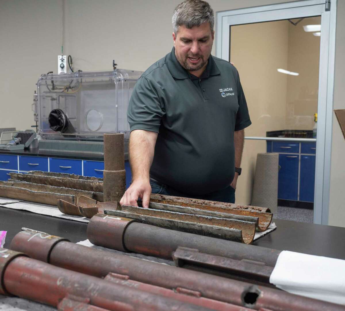 Justin Disney, director of laboratory and r&d services, with Jacam Catalyst, talks about the testing they can do on drilling tubing that has failed. 05/05/2021 Tim Fischer/Reporter-Telegram
