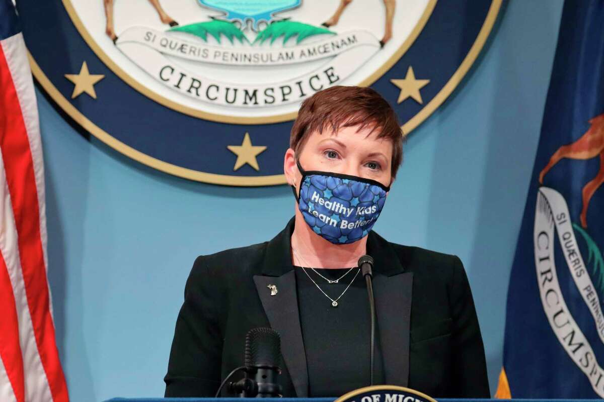 Elizabeth Hertel, director of the Michigan Department Health and Human Services, addresses the state Feb. 4 in Lansing. Late Tuesday, the MDHHS announced it will be removing mask requirements for outdoor gatherings under 100 people beginning Thursday, May 6. (Michigan Office of the Governor via AP, File)