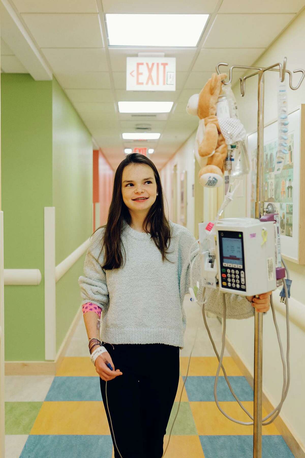 Ella Casano, 13, of Fairfield, created the Medi Teddy to cover IV bags for children who have to undergo treatment that involves regular IV infusions.