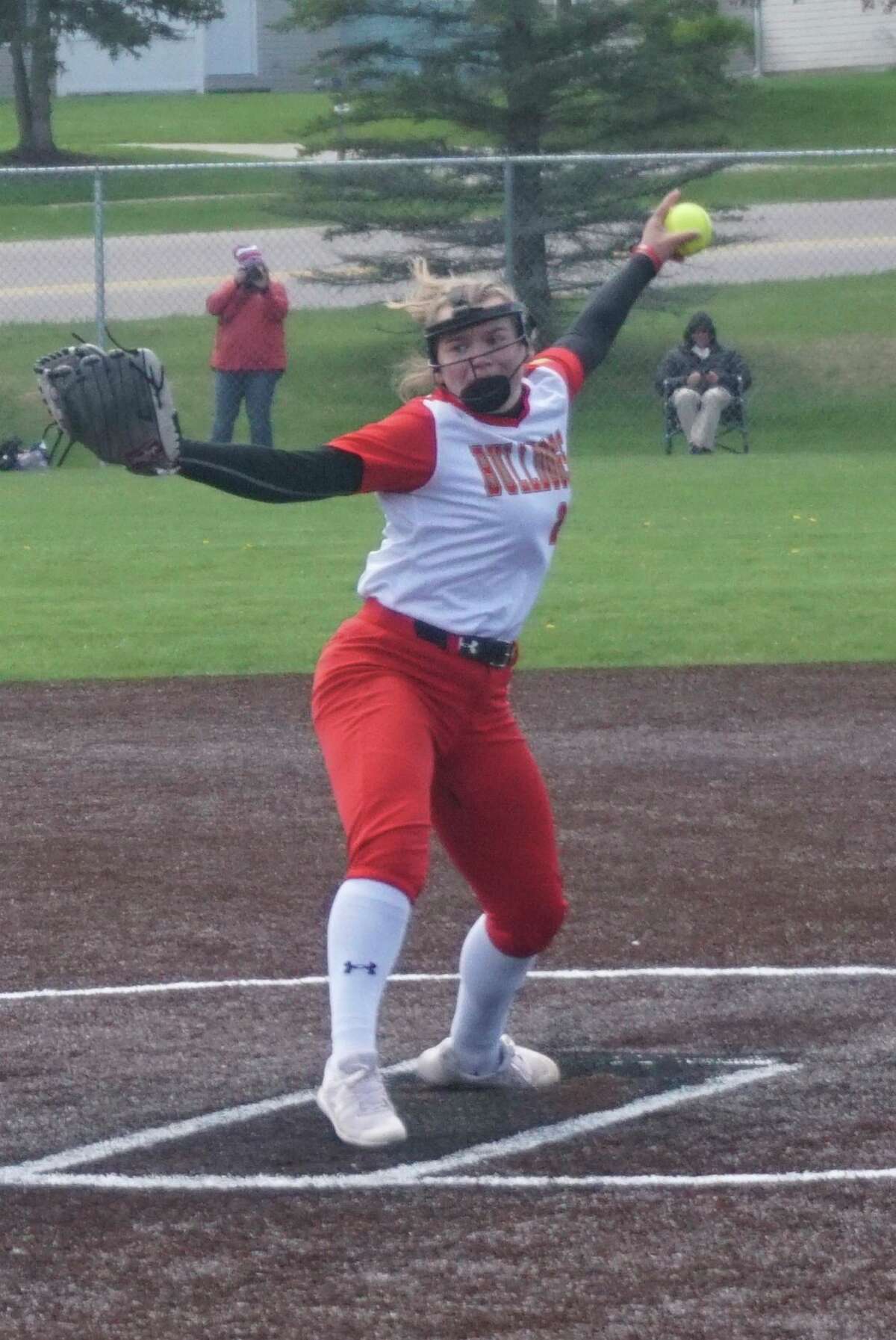 Ferris State lefthander Aryn Gallacher delivers a pitch during game one of a double header against Saginaw Valley State on Wednesday afternoon. (Pioneer photo/Joe Judd)