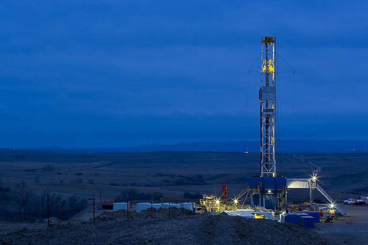 A Marathon Oil drilling rig works in the Bakken Shale of North Dakota.