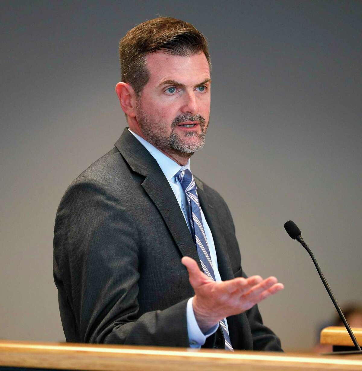 Sen. Brandon Creighton, R-Conroe, speaks during a special session of the Montgomery County Commissioners Court called after county health officials announced the second presumptive positive case of COVID-19, Thursday, March 12, 2020, in Conroe.