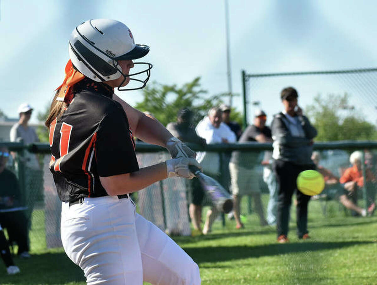 Edwardsville’s Lexie Griffin hits an RBI double in the second inning against Columbia on Wednesday inside the District 7 Sports Complex.