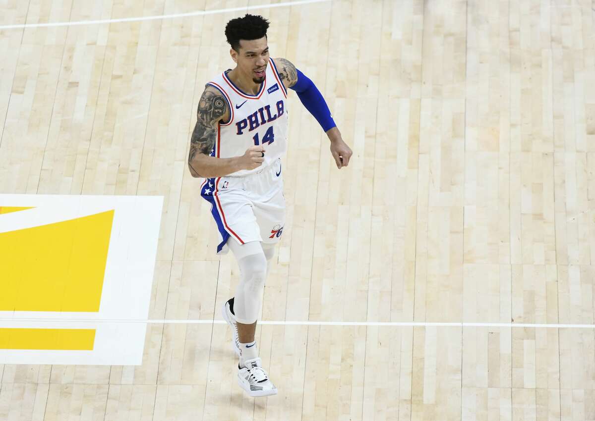 SALT LAKE CITY, UTAH - FEBRUARY 15: Danny Green #14 of the Philadelphia 76ers celebrates a three-point shot during a game against the Utah Jazz at Vivint Smart Home Arena on February 15, 2021 in Salt Lake City, Utah. NOTE TO USER: User expressly acknowledges and agrees that, by downloading and/or using this photograph, user is consenting to the terms and conditions of the Getty Images License Agreement. (Photo by Alex Goodlett/Getty Images)