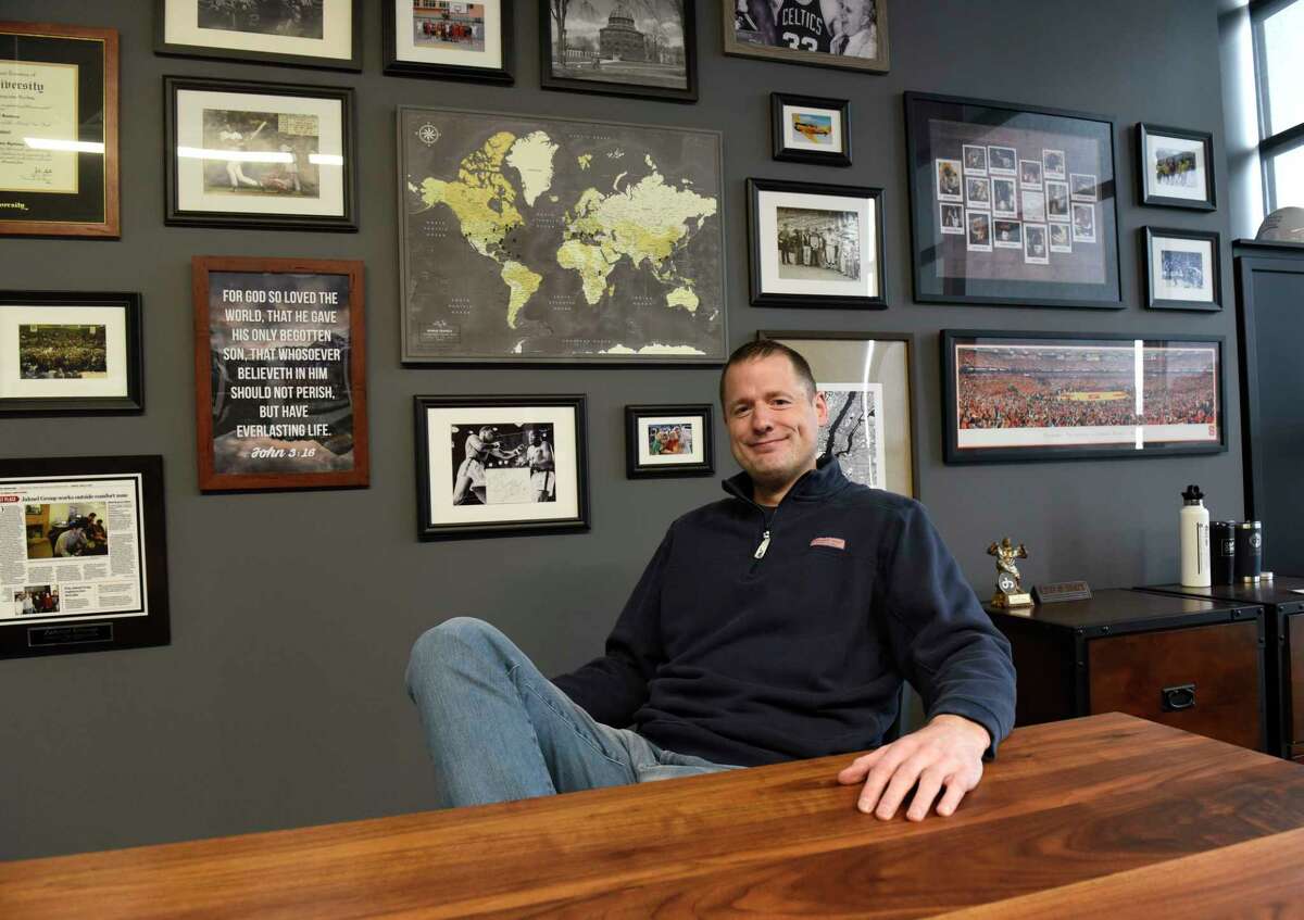 Jahnel Group CEO Darrin Jahnel sits in his office at Jahnel Group on Friday, April 16, 2021 in Schenectady, N.Y.(Lori Van Buren/Times Union)