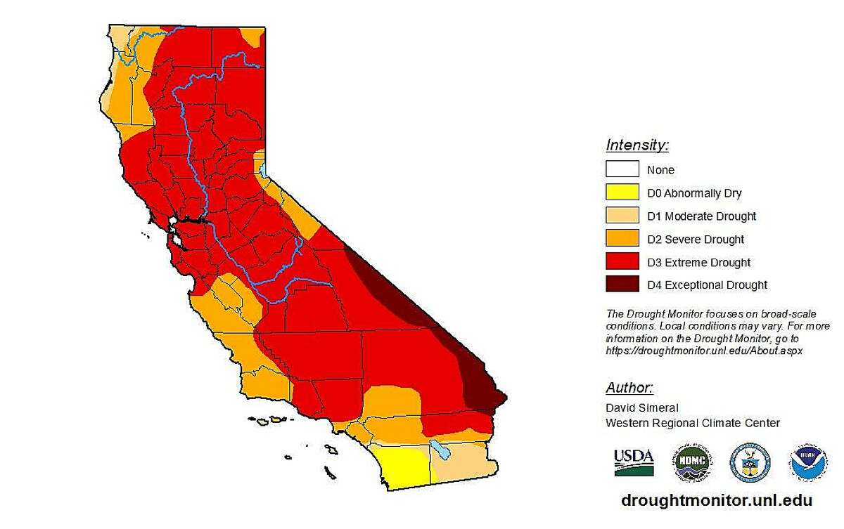 The U.S. Drought Monitor map shows the entire Bay Area in extreme drought conditions as of May 4, 2021.