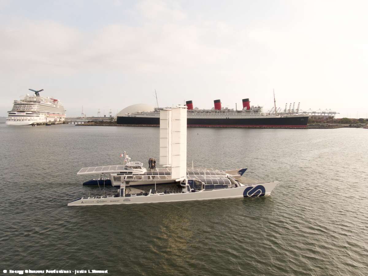 The Energy Observer, a massive catamaran powered by renewable energies and hydrogen, made its first ever stopover in the United States in Long Beach, Calif., on April 23, 2021.