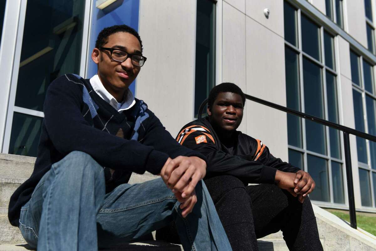 Albany High School Juniors Marcus Treece, left, Gideon Goldmann, right, have been selected to take part in a prestigious fellowship program started by former President Barack Obama on Thursday, May 6, 2021, in Albany, N.Y. Goldmann Treece will participate in the New York State Department of Education's My Brother?•s Keeper (MBK) program, which is now in its fifth year. The class of 73 fellows from across the state represents 25 school districts. (Will Waldron/Times Union)