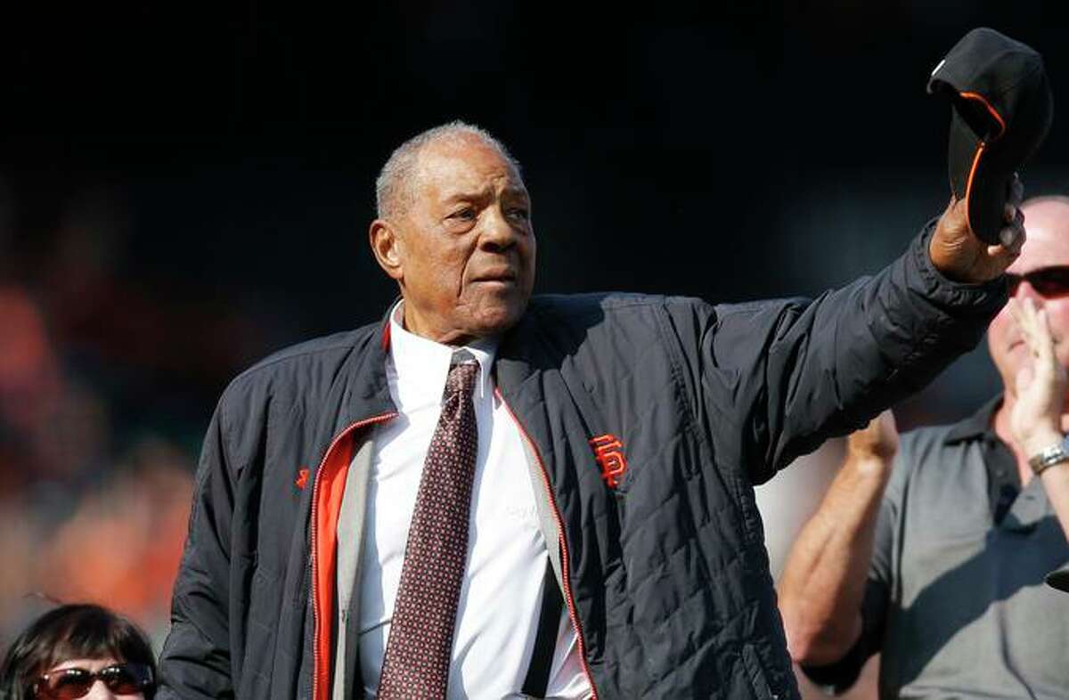 San Francisco Giants legends Willie Mays and Willie McCovey are introduced during Barry Bonds' uniform number retirement ceremony at AT&T Park on Saturday, Aug. 11, 2018, in San Francisco, Calif. The San Francisco Giants retired number 25 in honor of Bonds' historic career with the Giants from 1993-2007.
