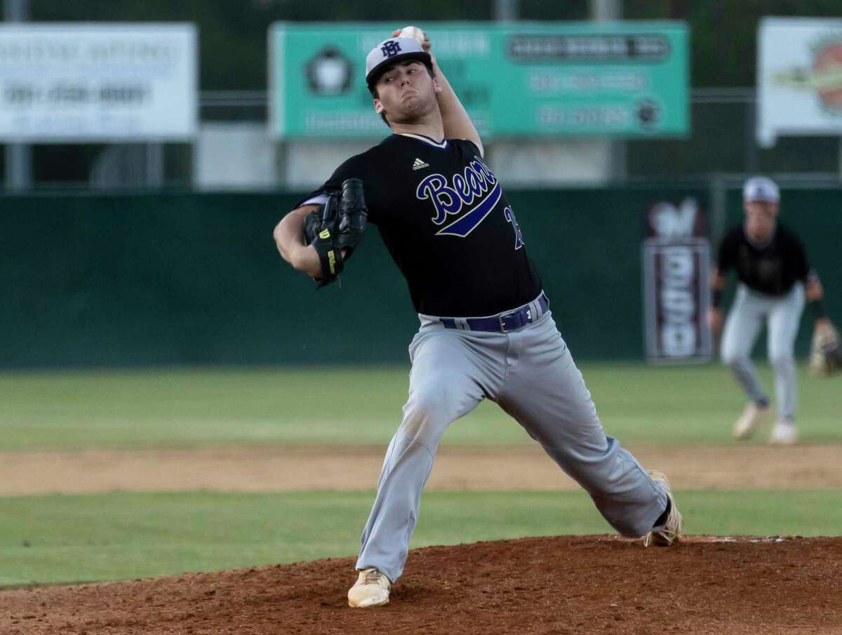 Montgomery starting pitcher Chase Davis (25) throws during the second inning in Game 1 of a Region III-5A bi-district baseball series against Magnolia at Magnolia High School, Thursday, May 6, 2021, in Magnolia.