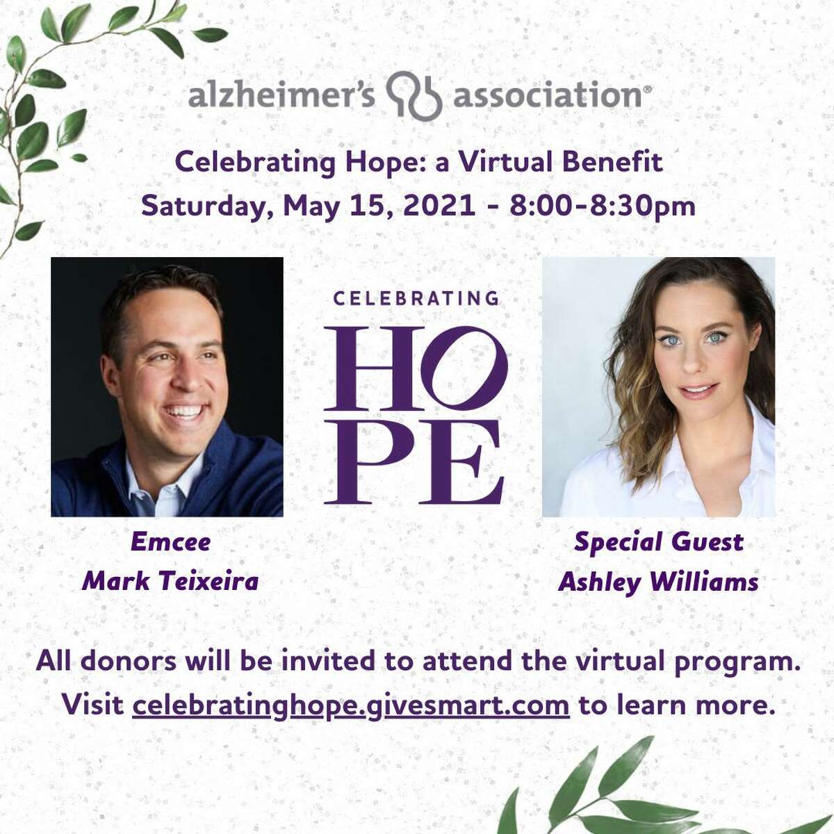 The flyer for "2021 Celebrating Hope" from The Alzheimer's Association Connecticut Chapter gives details about the 8th annual May 15, virtual event.