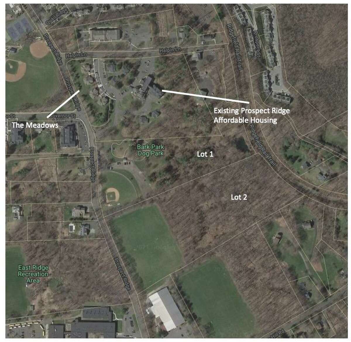 A satellite map rendering of where the Ridgefield Affordable Housing Committee is proposing to develop new affordable housing options, pending a feasibility study.