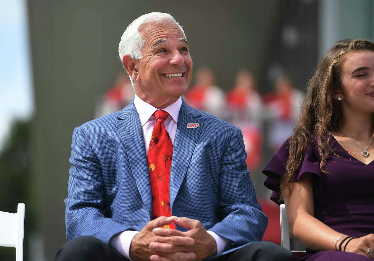 Sacred Heart University Athletic Director and former major league baseball player and manager Bobby Valentine smiles during the grand opening ceremony of the new Bobby Valentine Health & Recreation Center at the school in Fairfield, Conn. on Tuesday, August 27, 2019.